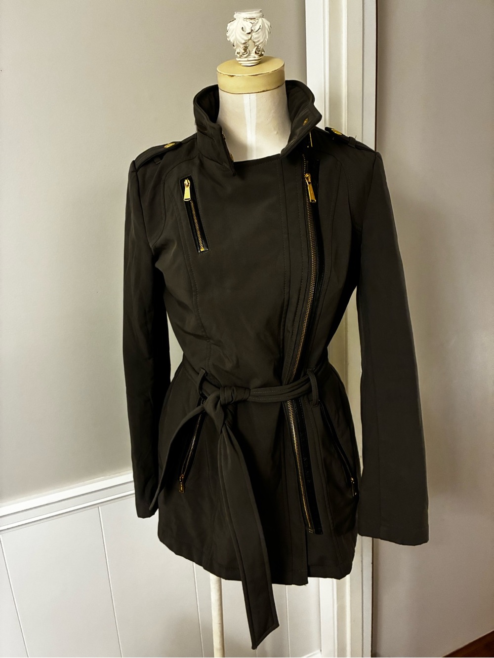 Michael Kors Olive Green Belted Soft-shell Jacket With Asymmetric Front Zipper